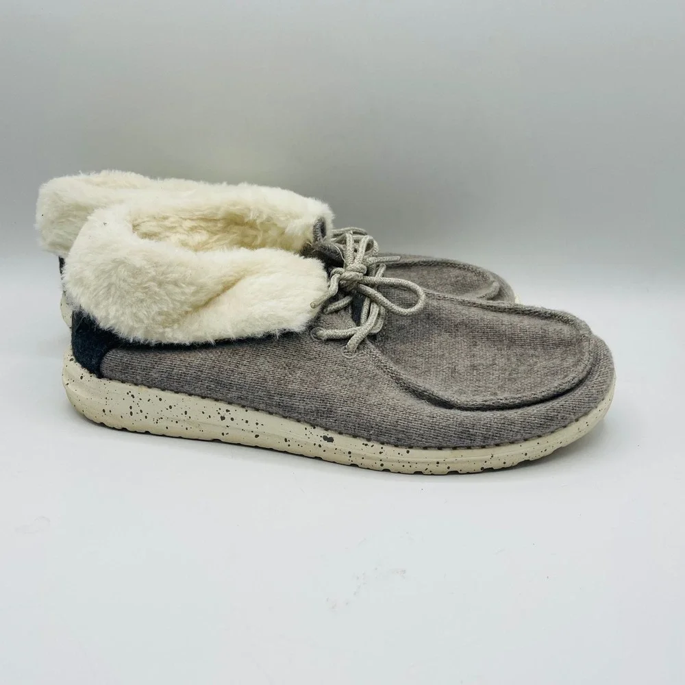 Hey Dude Britt Charcoal Women 8 Grey Faux Fur Lined Wool Blend Ankle Booties